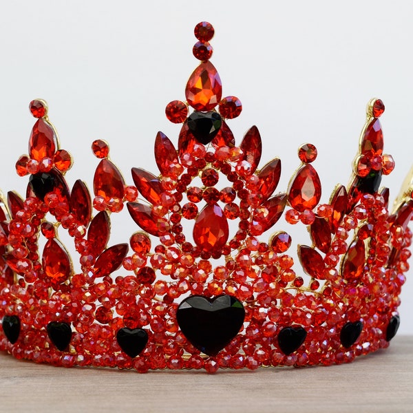 Queen of Hearts Crown, Red Crown with Black Hearts, XL Red Rhinestone Crystal Crown with Spikes, Rise of Red Cosplay Queen of Hearts Costume