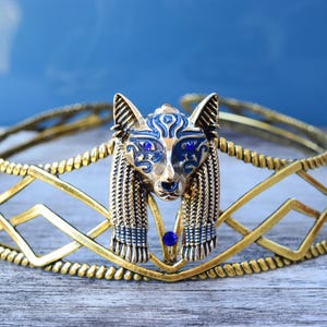 Men&#39;s Egyptian Crown, Metal Gold & Blue Anubis Crown, Adjustable Full Crown, Pharaoh Costume, Bast Headpiece, Large Egyptian King God Crown