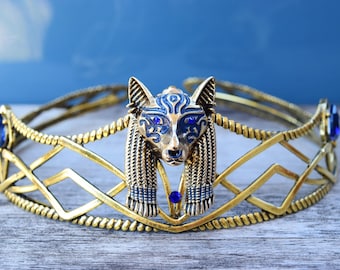 Men's Egyptian Crown, Metal Gold & Blue Anubis Crown, Adjustable Full Crown, Pharaoh Costume, Bast Headpiece, Large Egyptian King God Crown