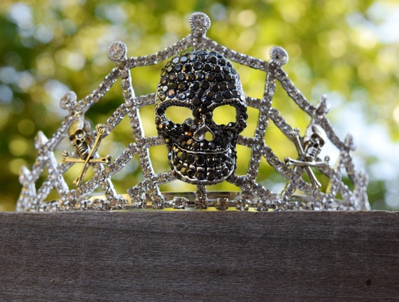 Skull Tiara, Spider Web Crown, Silver Rhinestone Skull and