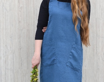 Pinafore linen apron, Japanese apron, Cross back apron, Stonewashed  linen, Kitchen apron, Natural gift, Pinafore dress, Eco friendly design