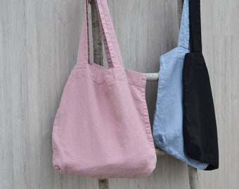 Natural Linen Market Bag, Reusable Shopping bag, Pink Shoulder tote, Stonewashed linen, Weekender bag, Travel bag, Yoga bag, Grocery bag