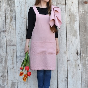 Stonewashed pink pinafore linen apron / Japanese apron / Cross back apron / Pastel linen / Kitchen apron / Natural gift / Pinafore dress image 1