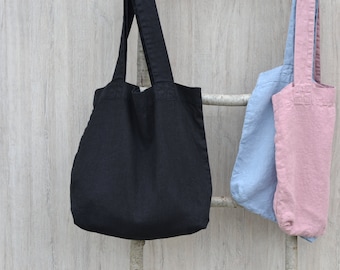 Black Linen Market Bag, Reusable Shopping bag, Shoulder tote, Stonewashed linen, Weekender bag, Travel bag, Yoga bag, Grocery bag