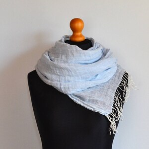 Baby blue linen scarf / Pure linen / Light summer scarf / Unisex scarf / Hand-twisted fringe / Gift idea