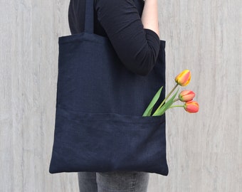 Reusable linen market bag, Grocery bag, Shopper, Linen tote, Black linen bag, Shopper with pockets, Zero waste gift, Eco friendly bag