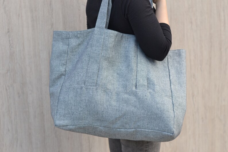 Linen Canvas Bag, Linen Tote Bag, Blue and White linen tote, Handbag, Travel gab, Shoulder bag, Two colors, Inside zipper pocket, Durable image 1