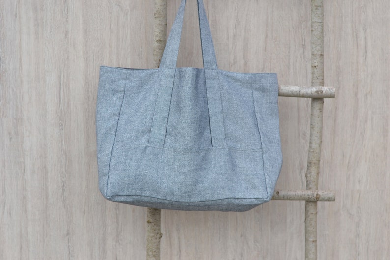 Linen Canvas Bag, Linen Tote Bag, Blue and White linen tote, Handbag, Travel gab, Shoulder bag, Two colors, Inside zipper pocket, Durable image 5