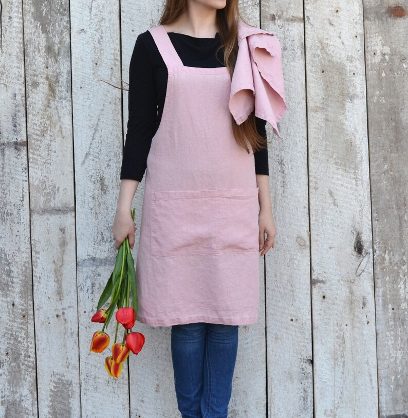 Stonewashed pink pinafore linen apron / Japanese apron / Cross back apron / Pastel linen / Kitchen apron / Natural gift / Pinafore dress image 1