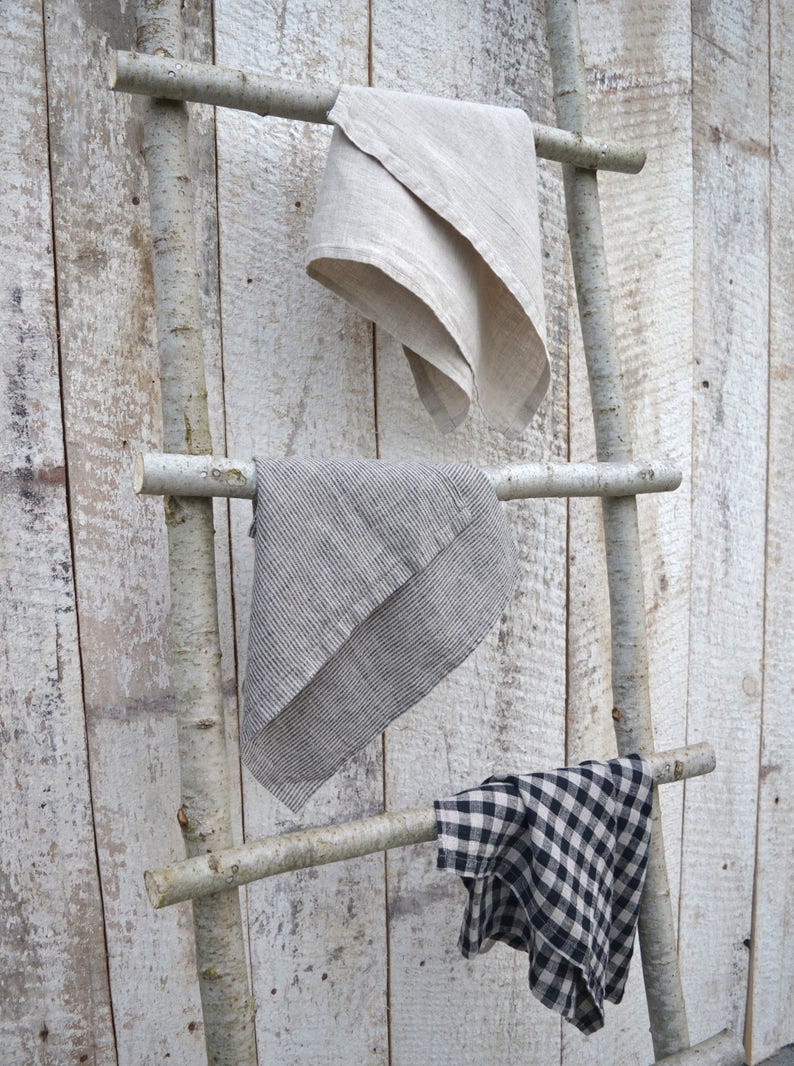 Kitchen towel set / 3 tea towels / Solid, stripped , plaid / Housewarming gift / Holiday gift / Natural linen image 2
