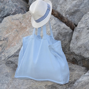 Baby blue linen tote bag/ Shopping bag / Beach tote / Eco friendly / Reusable bag / Shopper / Summer bag / Travel bag / Yoga tote