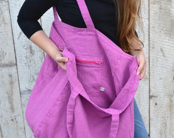 Bright Fuchsia Color Tote Bag/ Travel bag / Linen tote / Reusable bag / Shopper / School bag / Shoulder bag / Holiday gift / Zipper pocket /