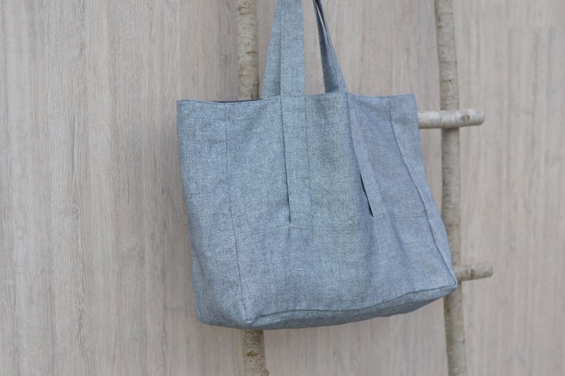 Linen Canvas Bag, Linen Tote Bag, Blue and White linen tote, Handbag, Travel gab, Shoulder bag, Two colors, Inside zipper pocket, Durable image 2