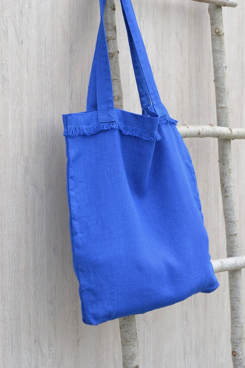 Linen Market Bag With a Fringe, Reusable Shopping bag, Shoulder tote, Stonewashed linen, Weekender bag, Travel bag, Yoga bag, Grocery bag image 2