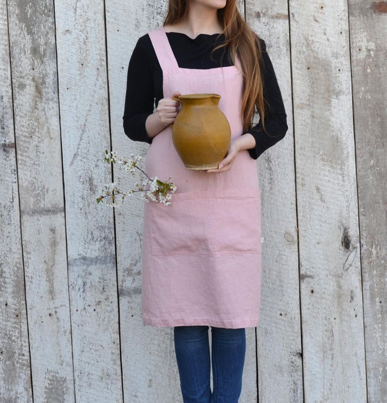 Stonewashed pink pinafore linen apron / Japanese apron / Cross back apron / Pastel linen / Kitchen apron / Natural gift / Pinafore dress image 4