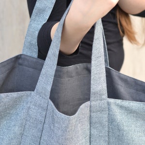 Linen Canvas Bag, Linen Tote Bag, Blue and White linen tote, Handbag, Travel gab, Shoulder bag, Two colors, Inside zipper pocket, Durable image 6