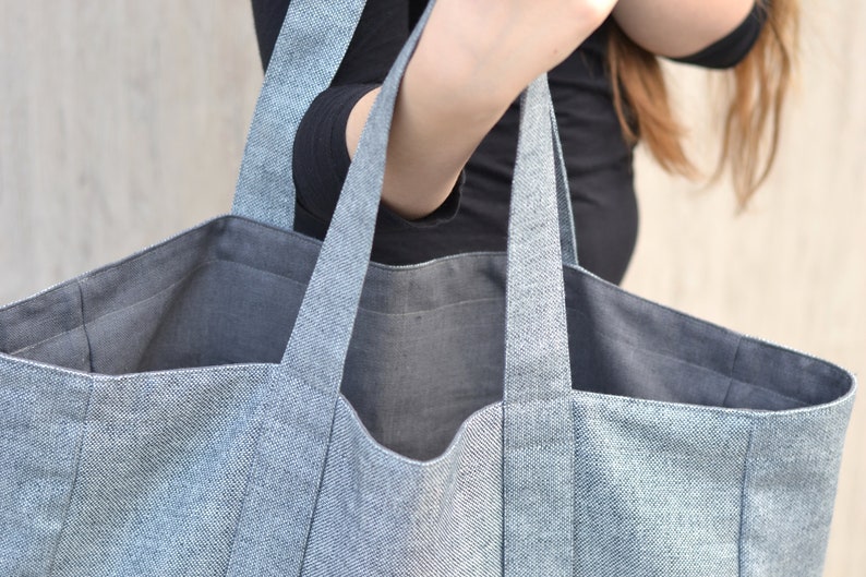 Linen Canvas Bag, Linen Tote Bag, Blue and White linen tote, Handbag, Travel gab, Shoulder bag, Two colors, Inside zipper pocket, Durable image 6