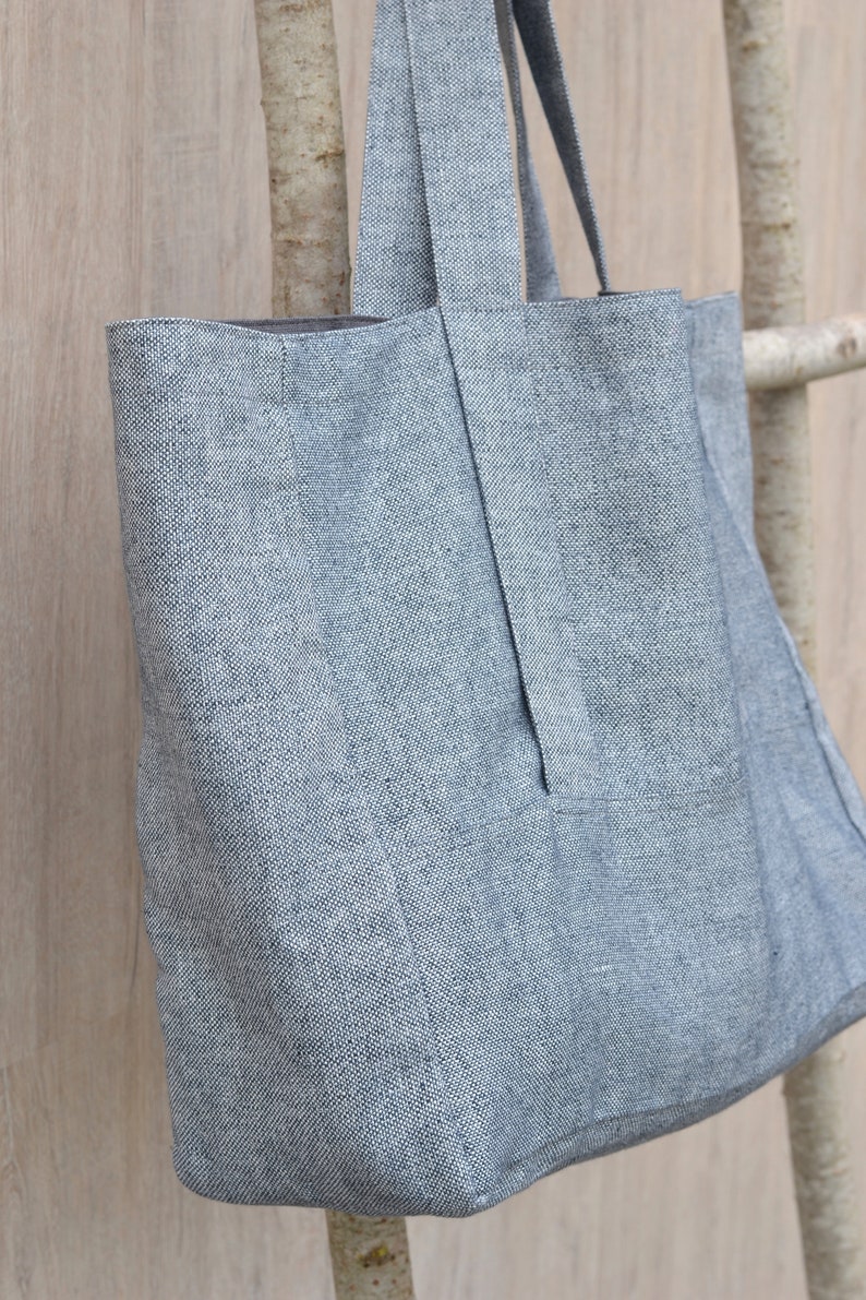 Linen Canvas Bag, Linen Tote Bag, Blue and White linen tote, Handbag, Travel gab, Shoulder bag, Two colors, Inside zipper pocket, Durable image 4