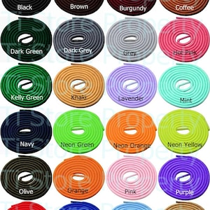 Round Shoelaces 3/16" Wide Solid Colors Several Lengths For Sneakers and Shoes