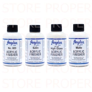 May include: Four bottles of Angelus Brand acrylic finisher in four different finishes: No. 600, Satin, High Gloss, and Matte. Each bottle contains 4 fl oz (118 ml).