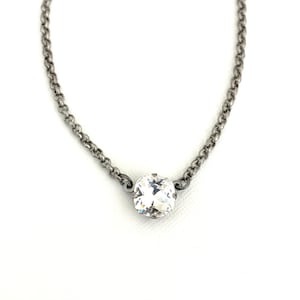 Classic Clear Crystal 12mm Cushion Cut Single Stone Necklace ~ Antique Silver ~ Minimalist ~