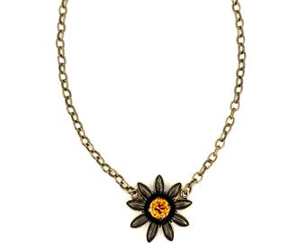 Fall Glow Flower Single Crystal Necklace ~ New Dark Orange 8mm ~ Pumpkin ~ Adjustable ~ Boho ~ Minimalist ~ Metal Floral ~ Gifts for Her