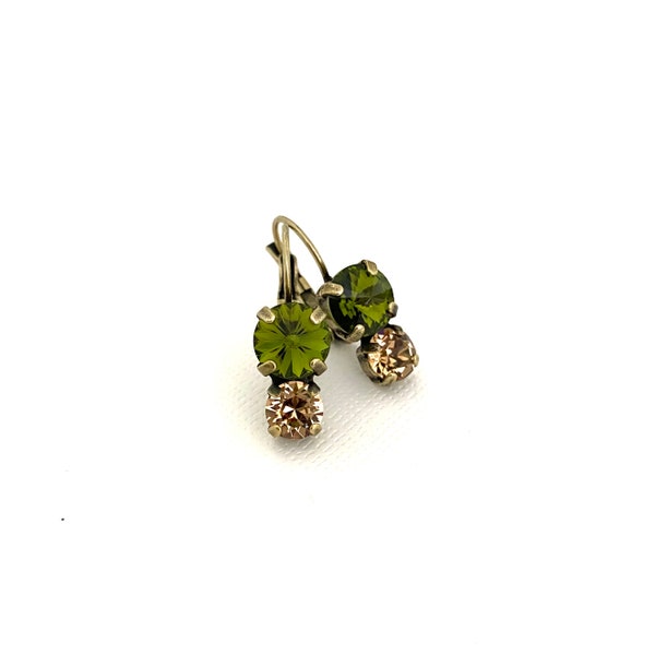 Fall Two Stone Drop Crystal Earrings ~ Camo Tones ~ 8mm & 6mm ~ Olivine ~ Antique Brass ~ Autumn Jewelry