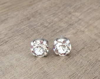 Clear Crystal 8mm Stud Post Earrings ~ Antique Silver Plate ~ Clear Studs Silver ~ April Birthstone ~ Bridesmaids Earrings