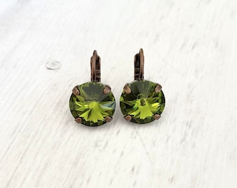 Fall Olive Green 12mm Crystal Earrings ~ Rustic Antique Copper ~ Camo Green ~ Olivine Drop Dangle Earrings ~ Army Green ~ Fall Jewelry