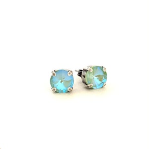 Spring Mint 8mm Crystal Stud Earrings Iridescent Mint Green Delite Antique Silver Post Earrings Gifts for Her image 1