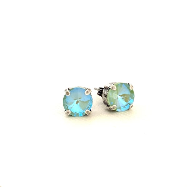 Spring Mint 8mm Crystal Stud Earrings ~ Iridescent Mint Green Delite ~ Antique Silver Post Earrings ~ Gifts for Her