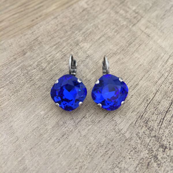 Majestic Blue 12mm Cushion Cut earrings // Antique Silver Finish // Something Blue