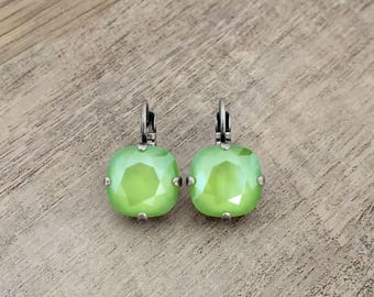 Chartreuse Lime 12mm Cushion Cut Earrings // Antique Silver Finish // Lime Green Bridesmaids // Chartreuse