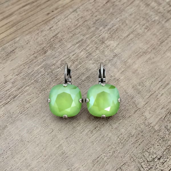 Chartreuse Lime 12mm Cushion Cut Crystal Earrings ~ Antique Silver Drop Setting ~ Lime Green ~ Gifts for Her