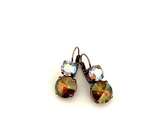 Autumn AB Two Drop 8mm ~ 12mm Crystal Earrings ~ Copper AB ~ Neutral  ~ Adjustable Antique Copper Setting ~ Fall Jewelry ~ Gifts for Her