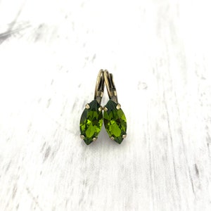 Crystal Olive Green Marquise Drop Dangle Earrings ~ 15mm ~ Rare ~ Retired Olivine ~ Antique Brass ~ Fall Earrings ~ Neutral ~ Army Green