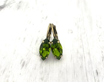 Crystal Olive Green Marquise Drop Dangle Earrings ~ 15mm ~ Rare ~ Retired Olivine ~ Antique Brass ~ Fall Earrings ~ Neutral ~ Army Green