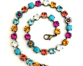 Wildflowers 8mm Crystal Floral Necklace ~ Antique Brass ~ Petite Crystal Daisies ~ Pinks, Orange, Turquoise, Opal and More ~ Gifts for Her