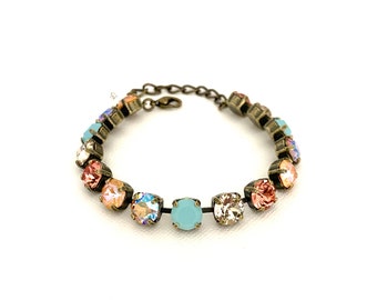 Summer in Italy 8mm Crystal Bracelet ~ Antique Brass ~ Peach Delite, Aqua Opal and Neutral AB Shimmer ~ Gifts for Her