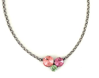 Spring Bliss Crystal Three Necklace ~ Antique Silver ~ Rose Peach ~ Rose Pink and Peridot