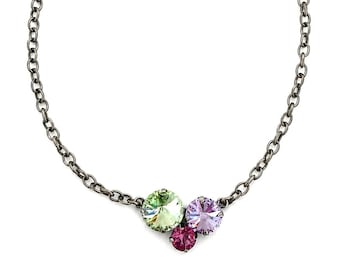 Violet and Vine Three Crystal Cluster Necklace ~ Antique Silver ~ Violet, Pink and Pale Green ~ Embellished with Swarovski® Crystals