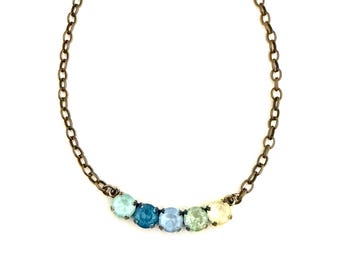 Coastal Bloom Five 8mm Crystal Necklace ~ Antique Brass ~ Embellished with Swarovski® Crystals ~ Blues, Yellow, Greens