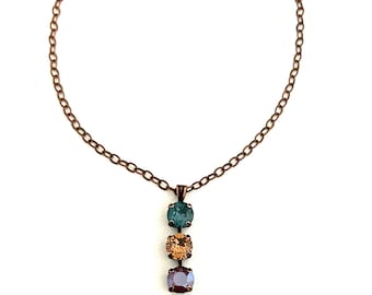 Almost Autumn Three Crystal Drop Necklace ~ Antique Copper ~ Fall Jewelry ~ 8mm Pendant ~ Neutral ~ Embellished with Swarovski® Crystals