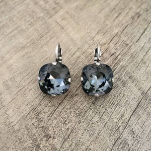 Smoky Charcoal Grey Gray 12mm Cushion Cut Square Crystal Earrings ~ Gifts for Her ~ Grey Drop Dangle Earrings ~ Antique Silver ~