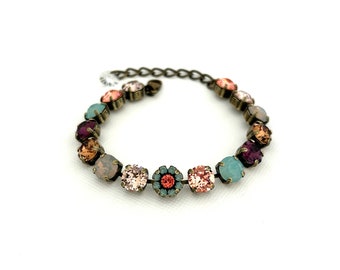 Garden Floral 8mm Crystal Bracelet ~ Antique Brass ~ Flower Embellishments ~ Pacific Opal ~ Neutral and Goes with Everything!