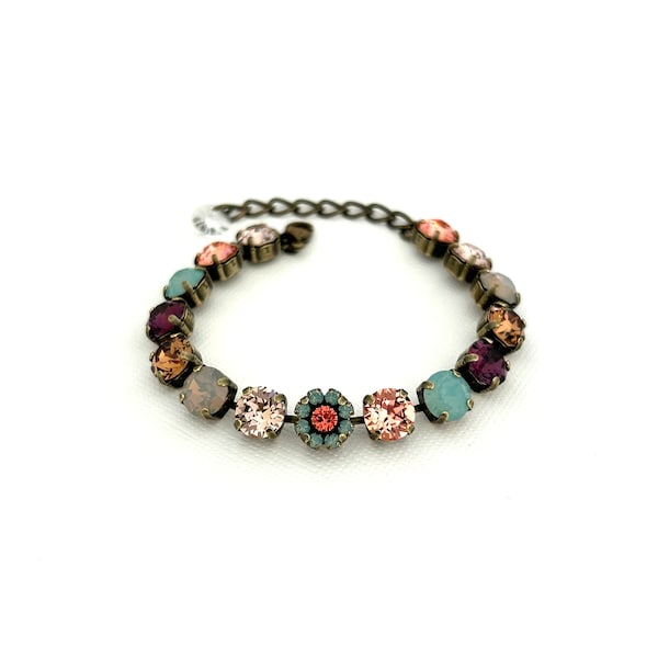 Garden Floral 8mm Crystal Bracelet ~ Antique Brass ~ Flower Embellishments ~ Pacific Opal ~ Neutral and Goes with Everything!