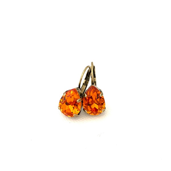 Tangerine Teardrop Crystal 14mm Drop Earrings ~ Orange Crystal ~ Antique Brass ~ Pear Shape ~ Rare ~ Gifts for Her ~ Retired