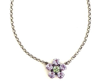 Violet and Vine 8mm Crystal Flower Daisy Necklace ~ Antique Silver ~ Violet Peridot ~ Purple Green ~ Embellished with Swarovski® Crystals