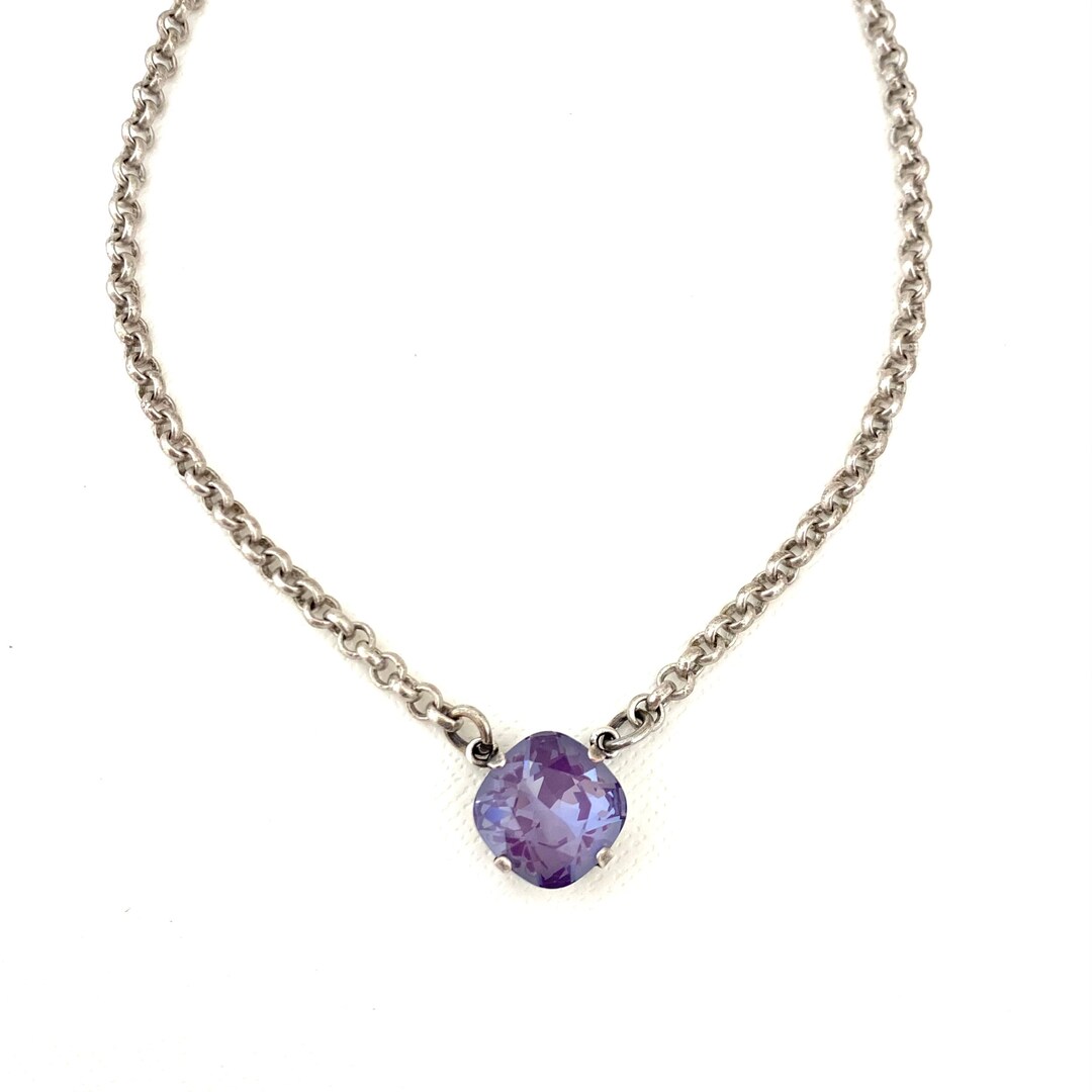 Dusty Purple Ignite 12mm Cushion Cut 12mm Crystal Necklace Single Stone