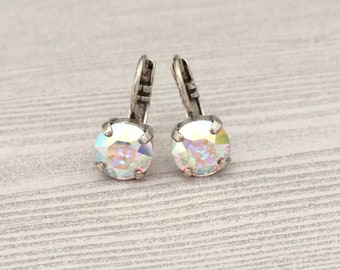 Crystal AB 8mm Earrings ~ Dangle Earrings ~ Drop Earrings ~ Lever back ~ Classic Clear ~ Antique Silver Finish ~ Gifts for Her